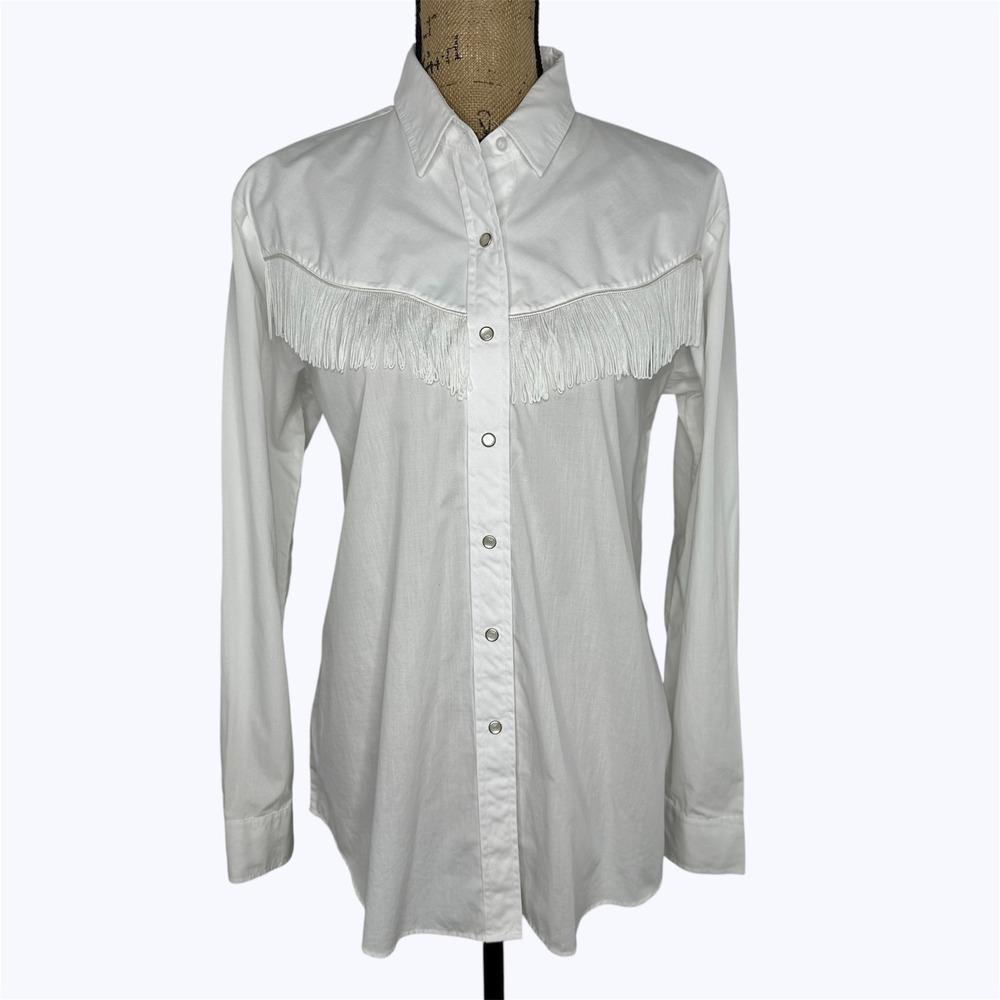 Vintage Ely Country‎ Charmers Western Pearl Snap Top White Fringe Cowgirl Sz L